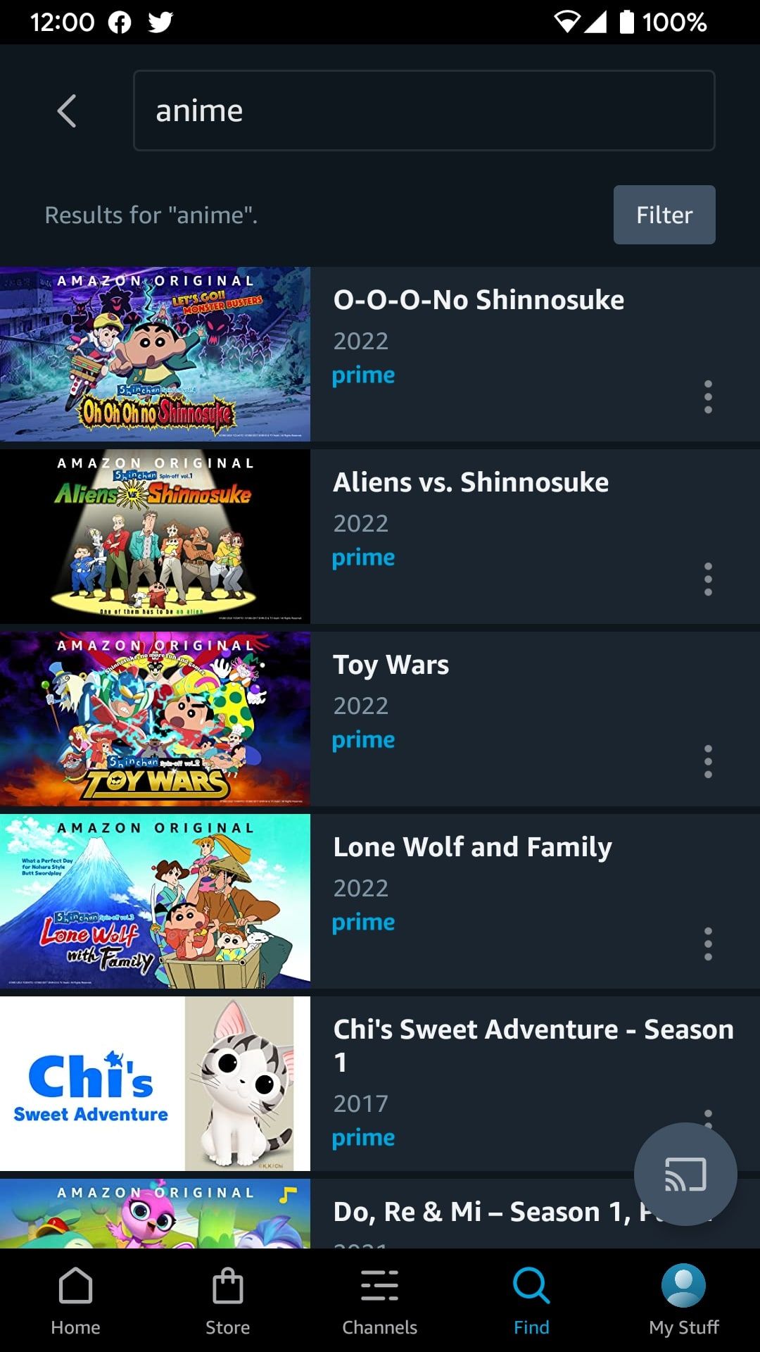 Anime Search Results in Prime Video app