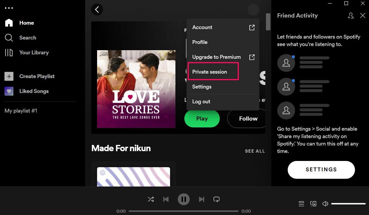 Spotify Private Session option