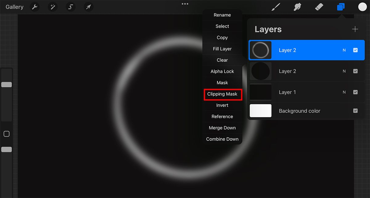 Procreate showing layer options with Clipping Mask highlighted.