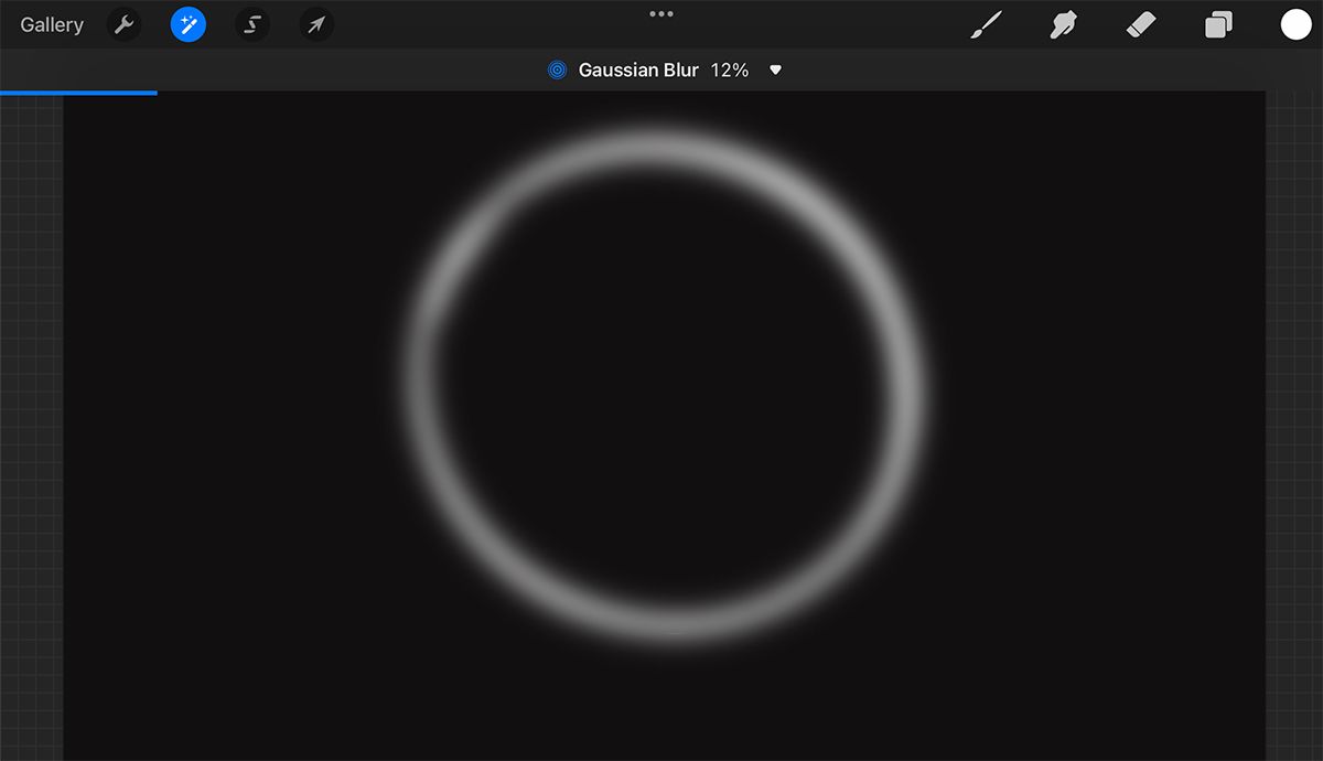 Procreate screen with gaussian blur being used on white circle outline.
