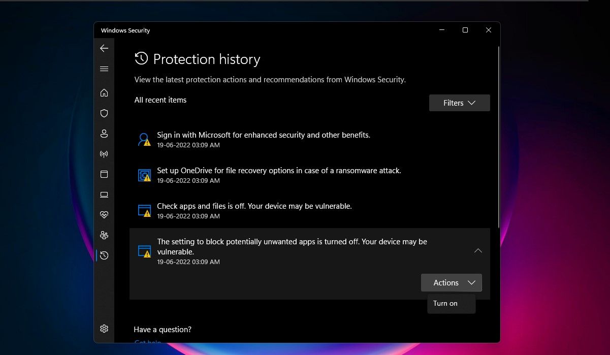 Protection History Page in Windows Security