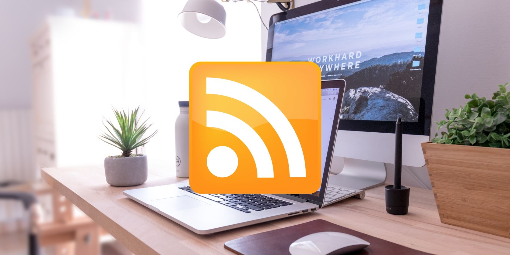 RSS Feed logo in front of a workspace