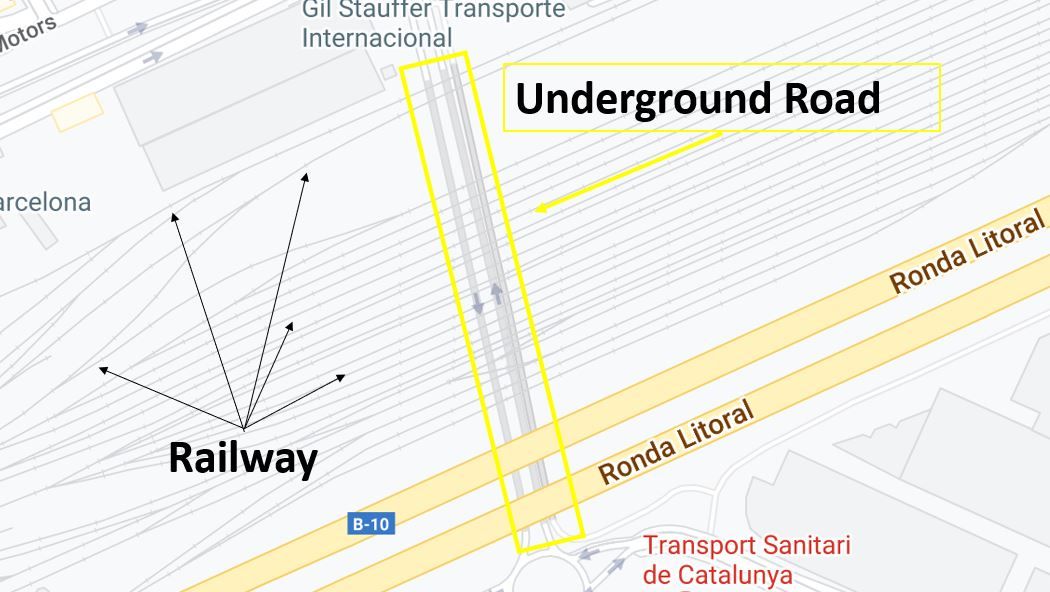 Screenshot from Google Maps showing the differences between railway and underground road.