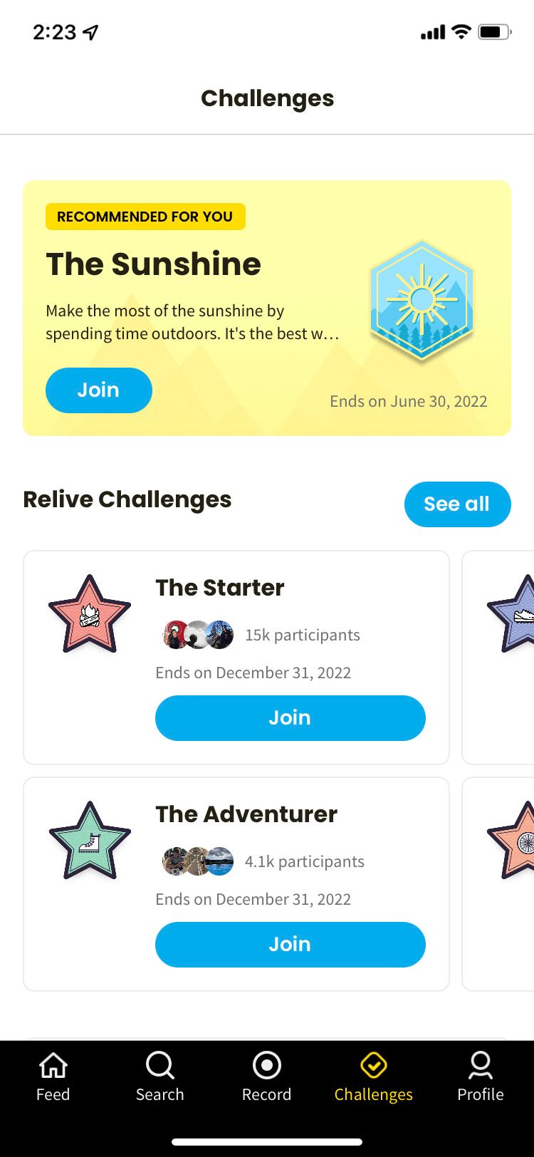 Relive app challenges screen