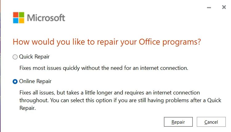 Microsoft Office Repair Option