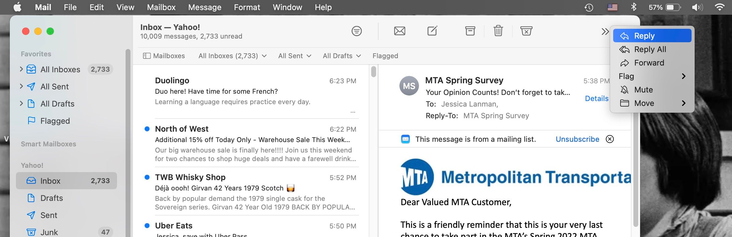 Reply and Forward options on display in Mail for Mac