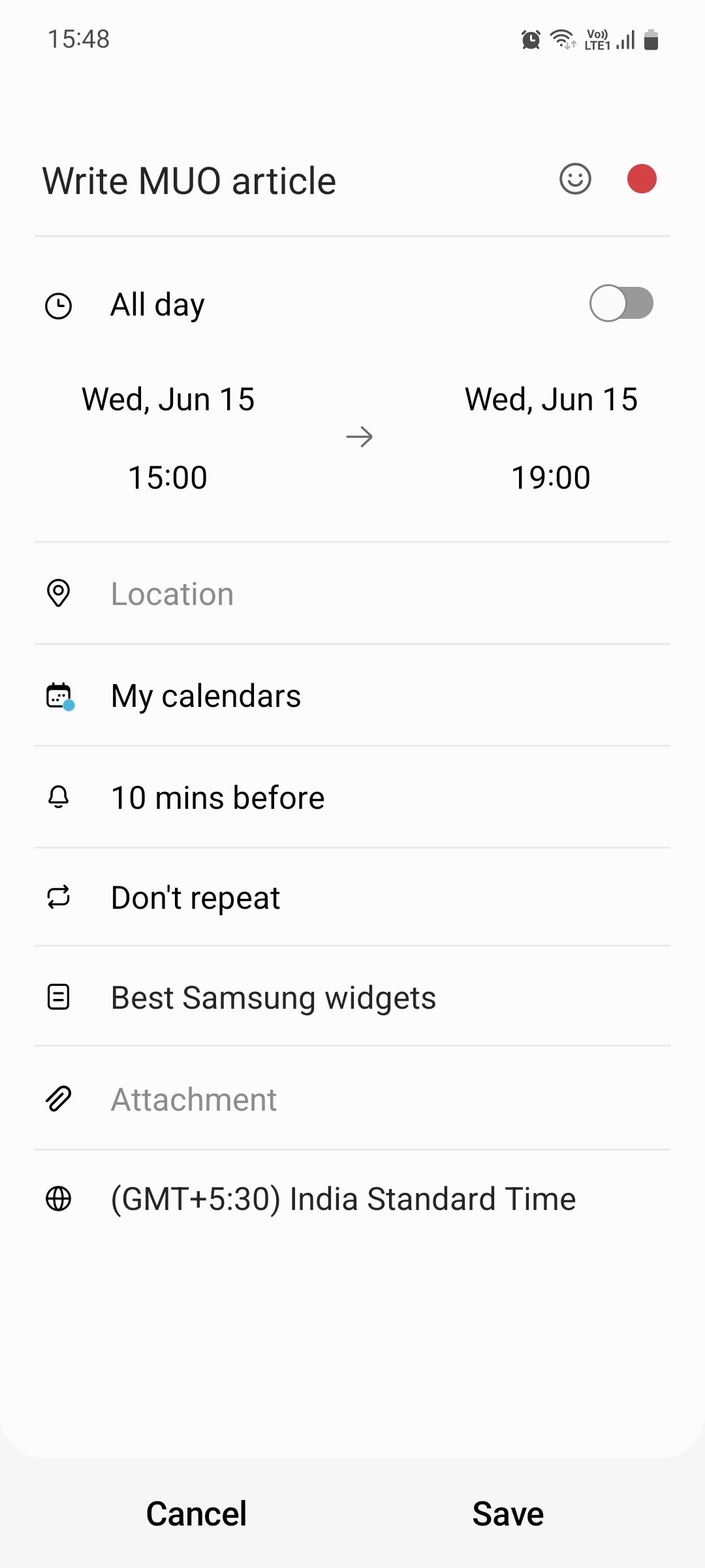 Samsung Calendar create new event