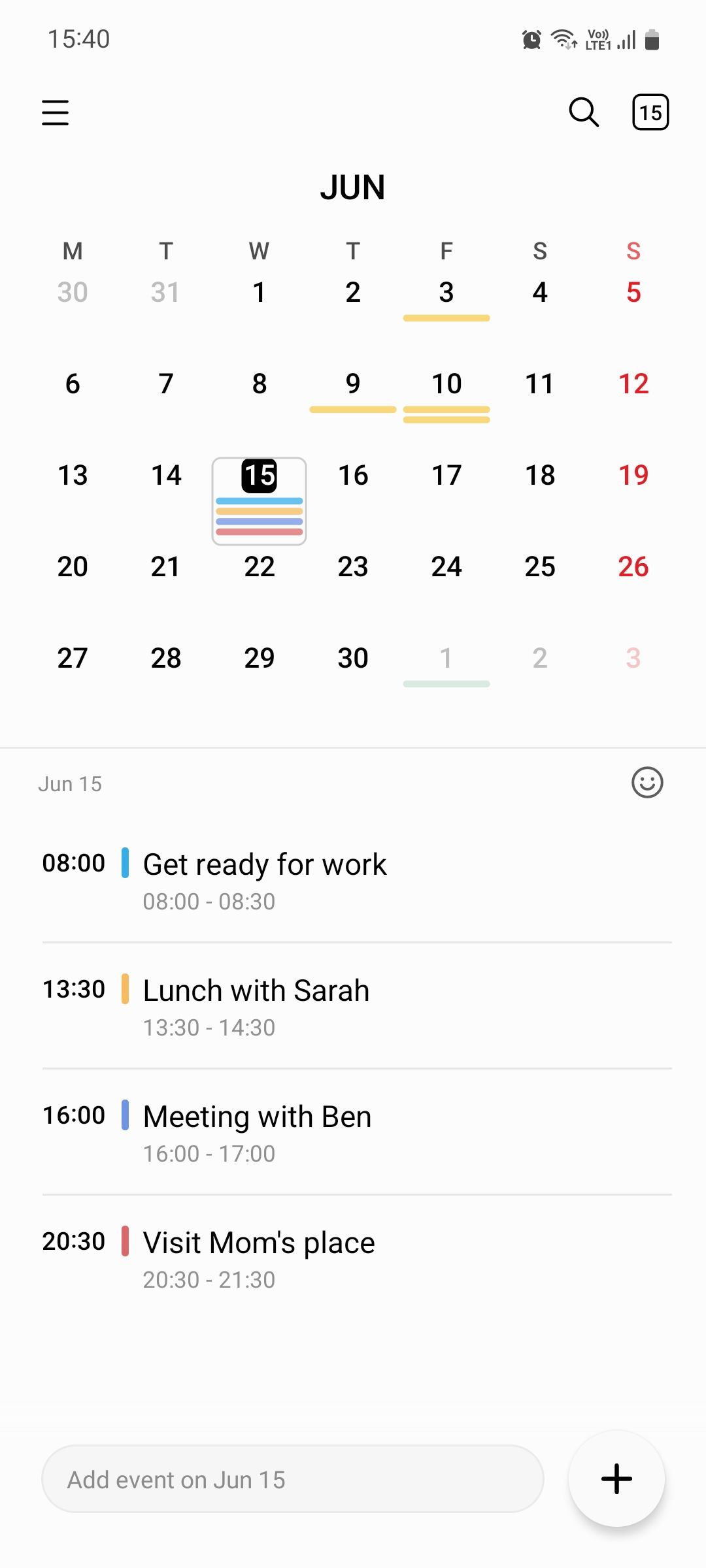 Samsung Calendar planned events