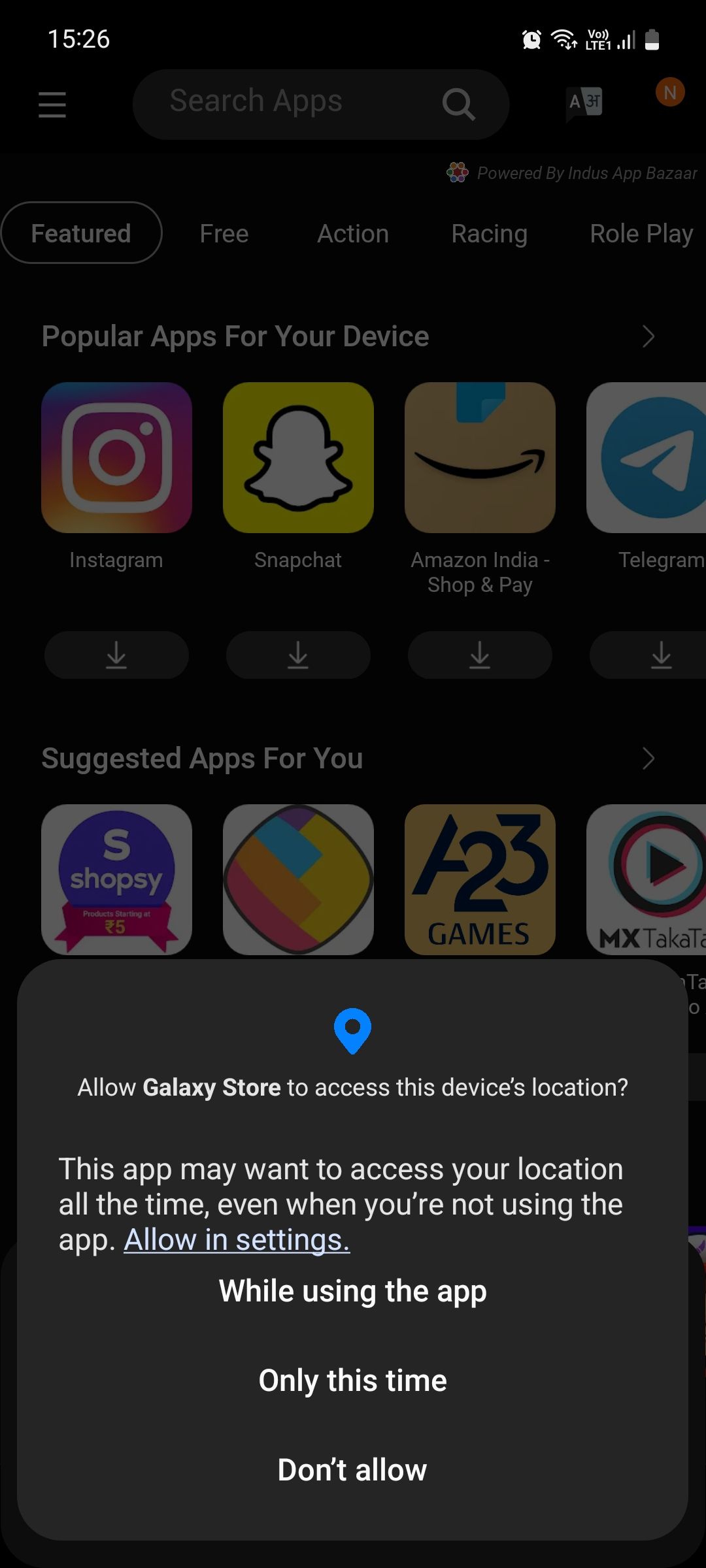 Samsung Galaxy Store app Location permission