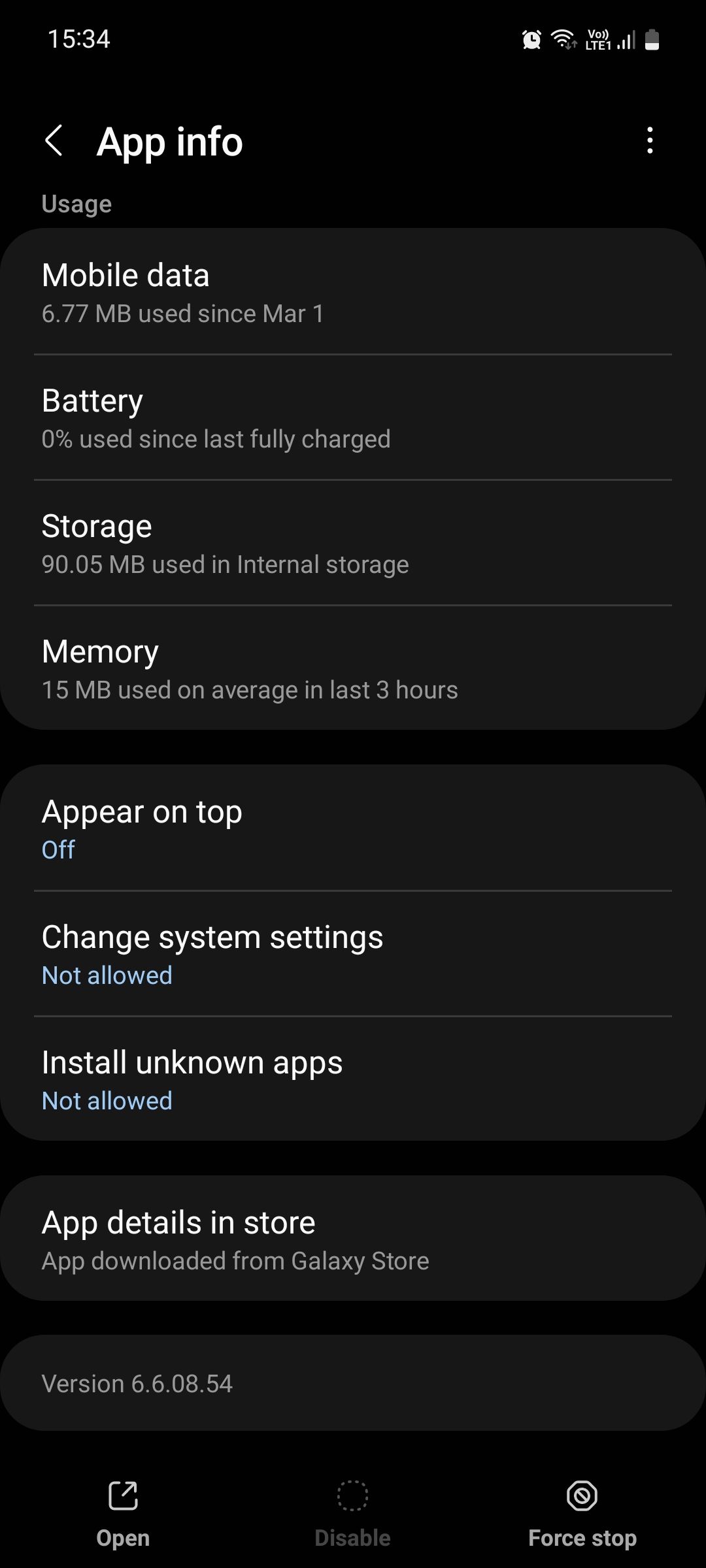 Samsung Galaxy Store app info page storage