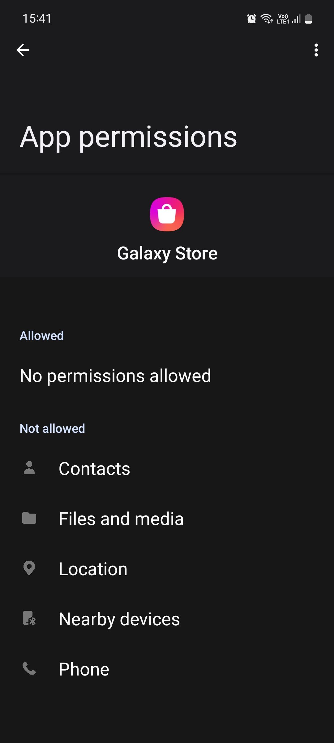 Samsung Galaxy Store app permissions