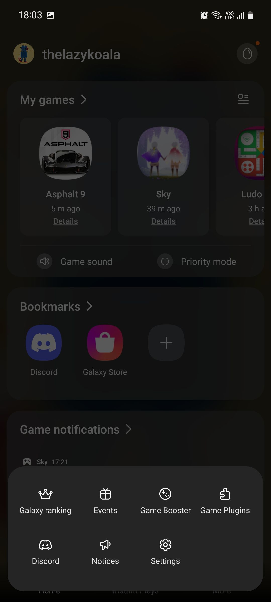 Samsung Game Launcher More menu
