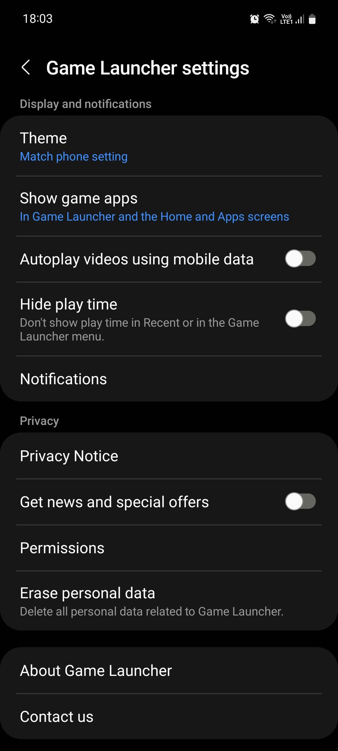 Samsung Game Launcher settings