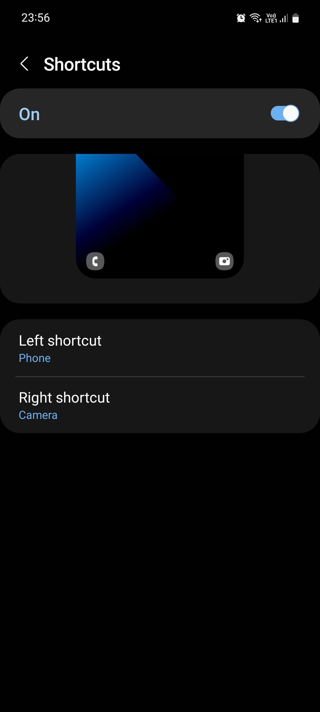 Samsung Lock Screen Shortcuts menu