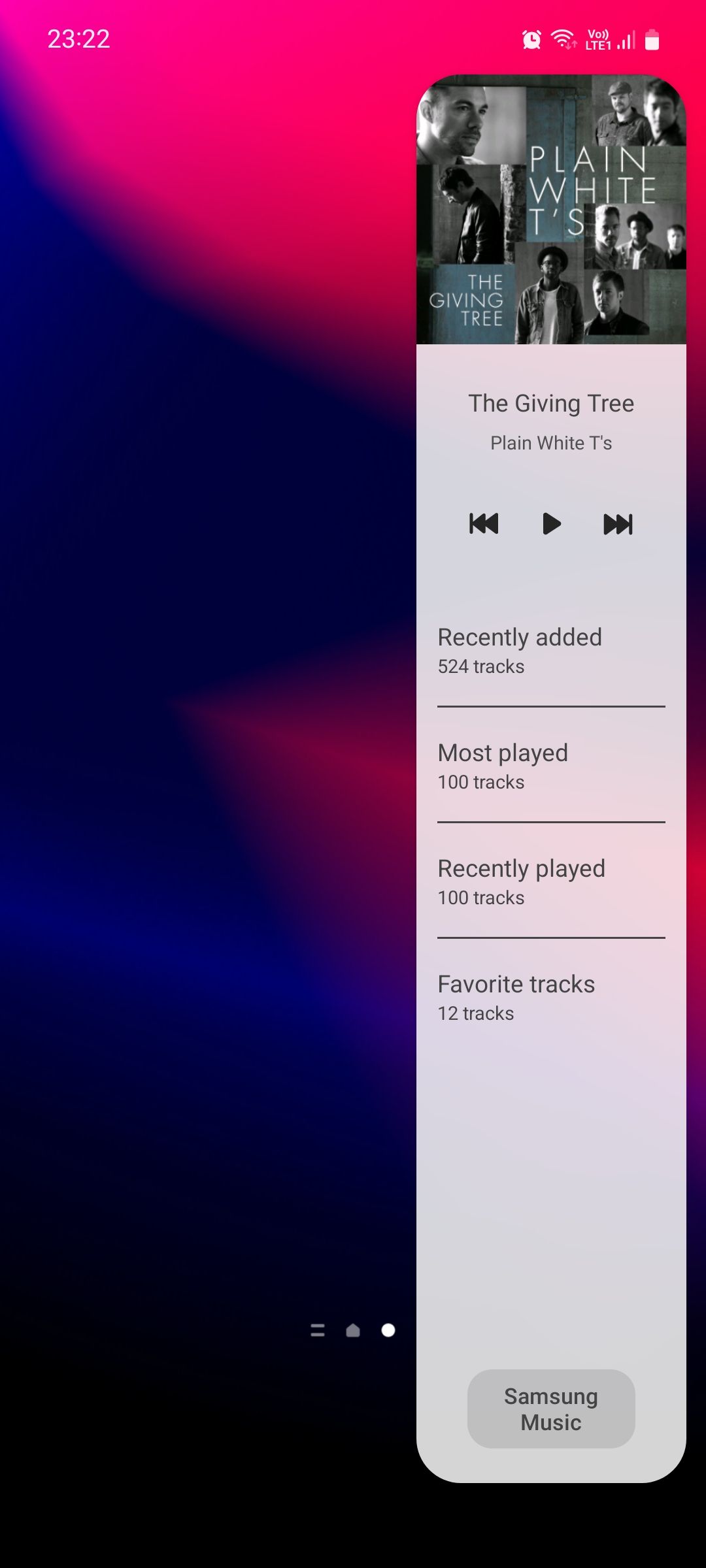 Samsung Music edge panel music controls