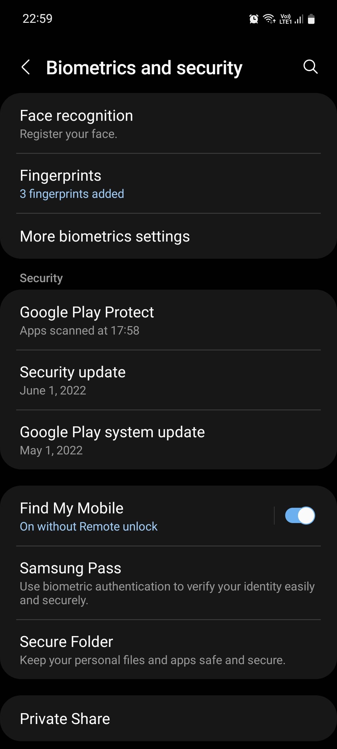 Samsung One UI Biometrics and security menu