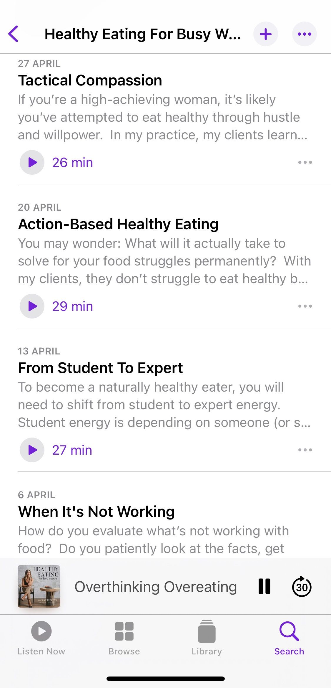 Screenshot from Healthy Eating For Busy Women podcast showing sample episodes