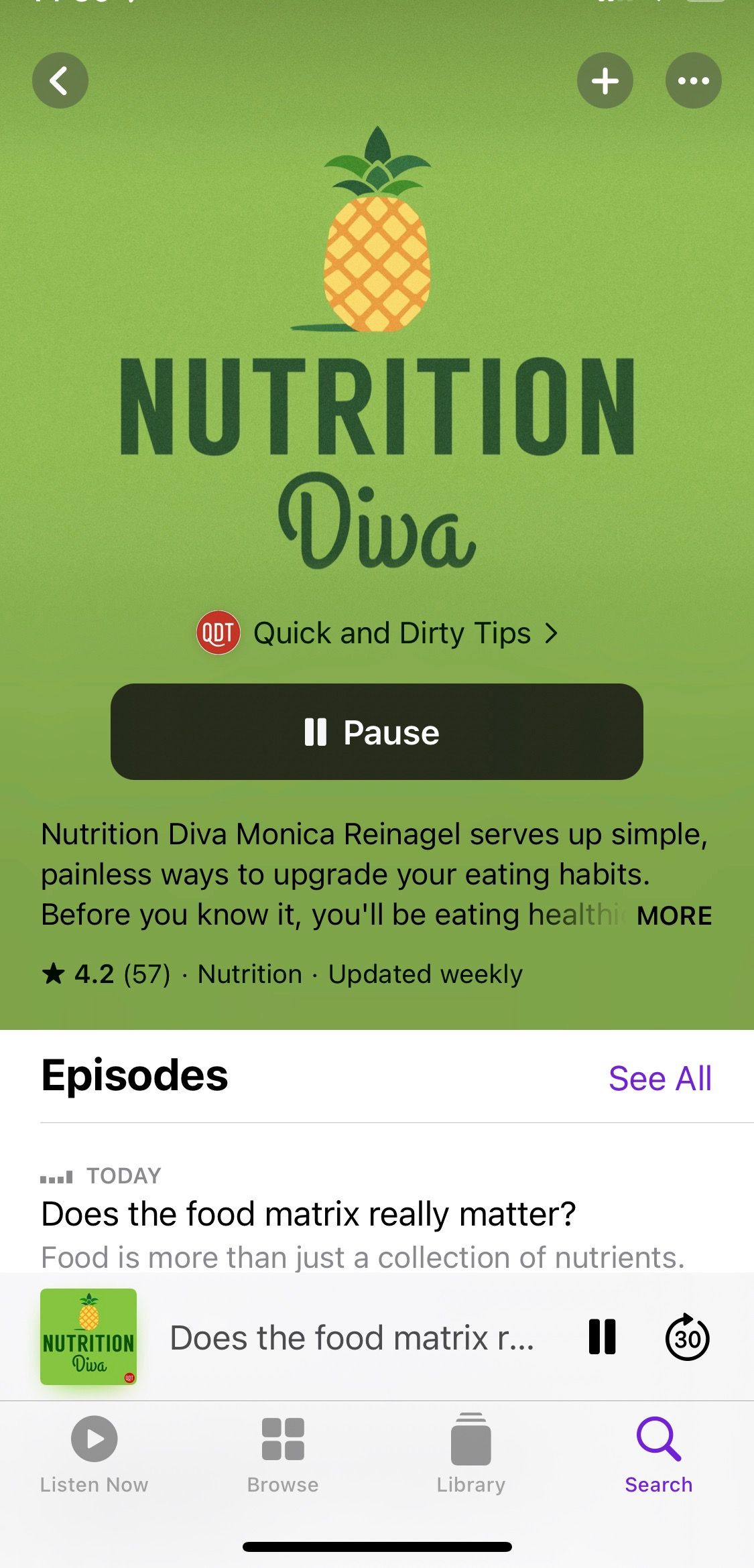 Screenshot from Nutrition Diva podcast home screen