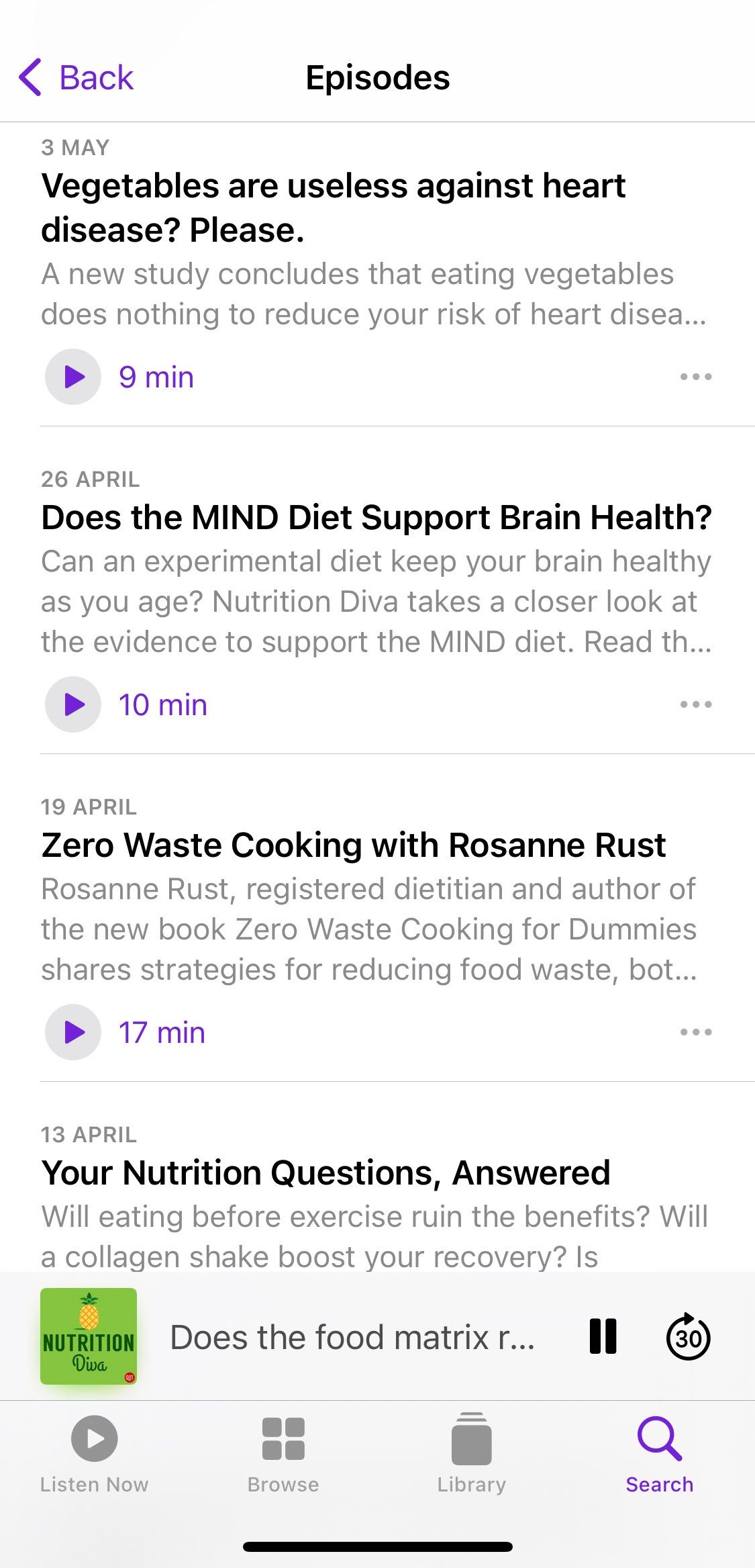 Screenshot from Nutrition Diva podcast showing sample episodes