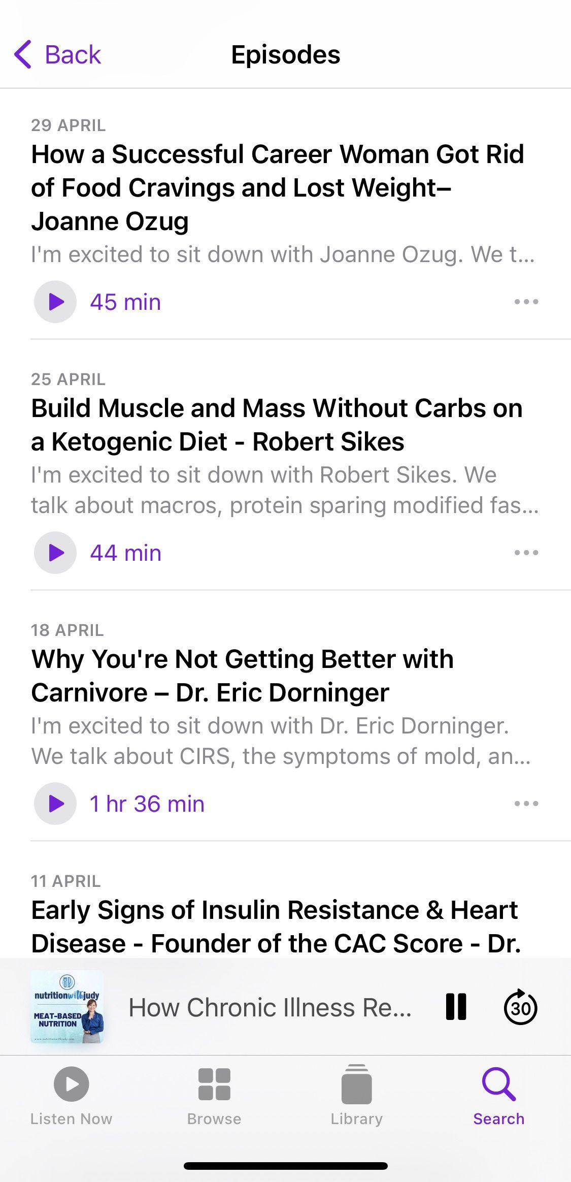 Screenshot from Nutrition With Judy podcast showing sample episodes