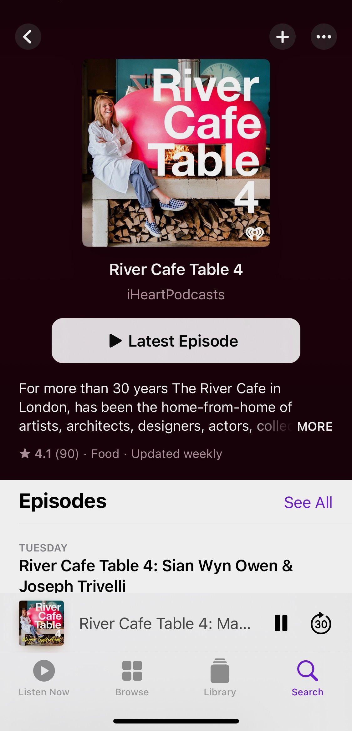 Screenshot from River Cafe Table podcast home screen