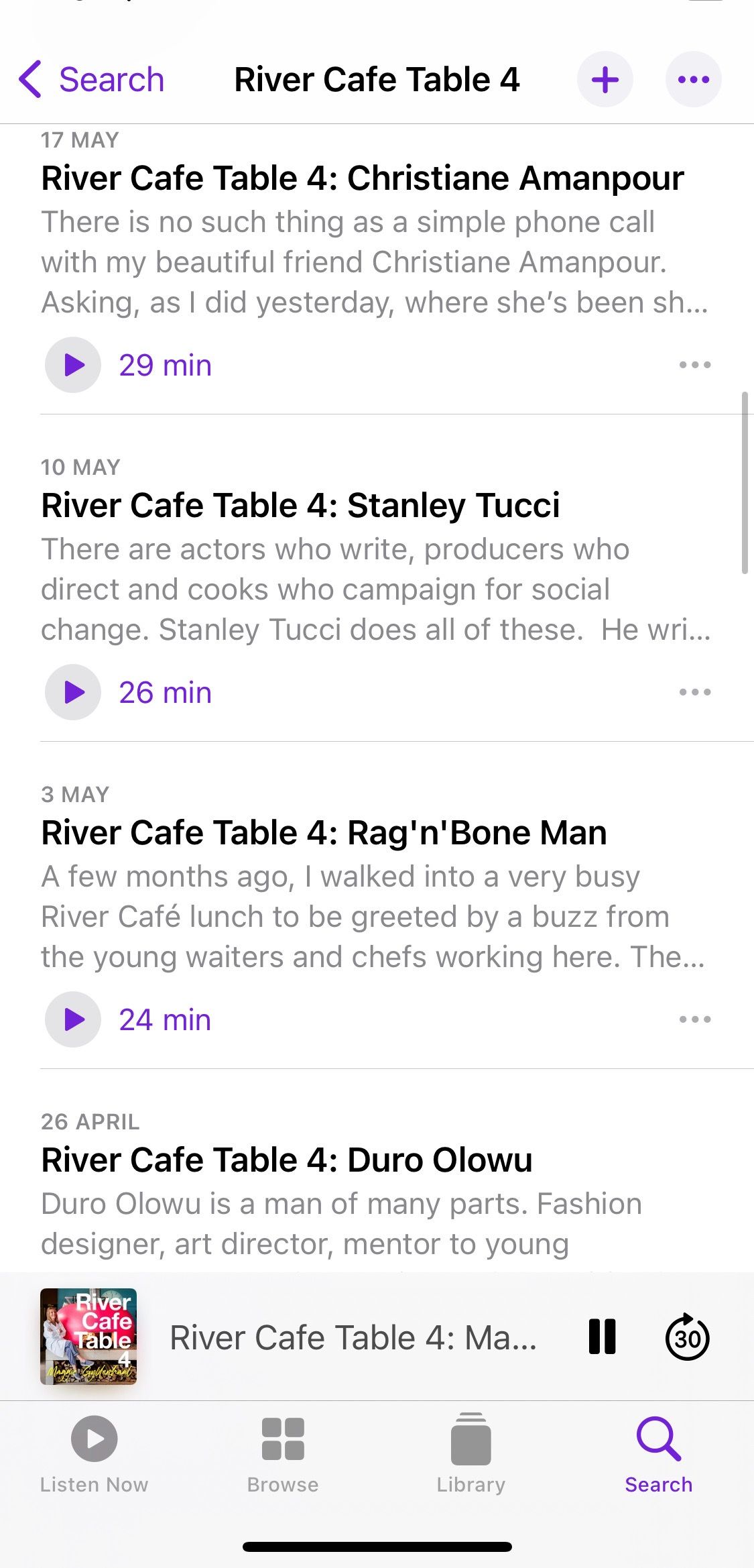 Screenshot from River Cafe Table podcast showing sample episodes