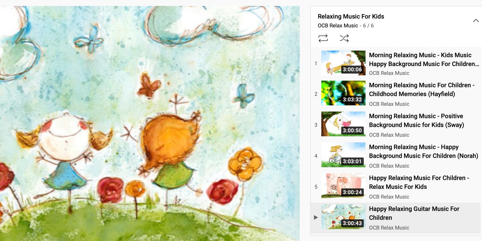 Screenshot from YouTube channel by OCB Relax Music showing sample playlist and illustration