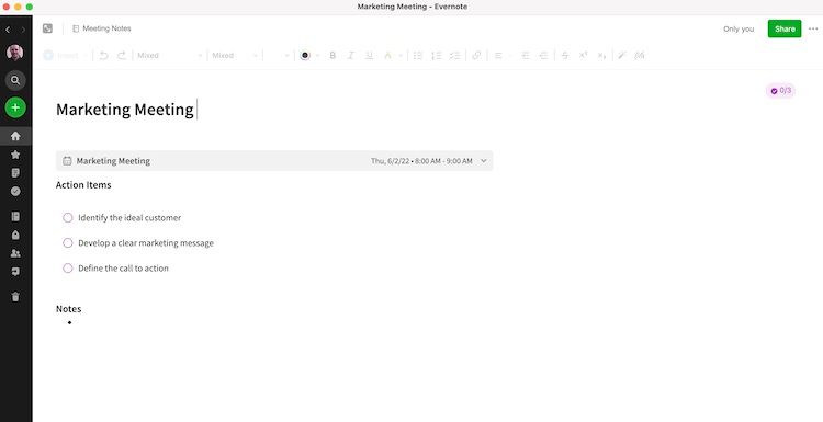 Screenshot illustrating a list of tasks in a pre-formatted meeting note in Evernote application