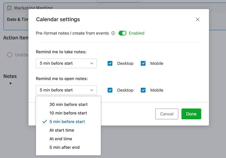 Screenshot illustrating how to set a reminder in the calendar settings in Evernote application