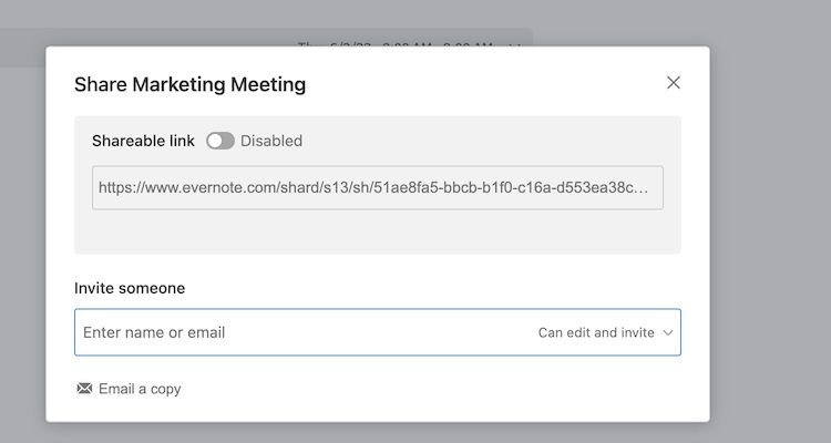 Screenshot illustrating how to share a meeting note by a public link in Evernote application