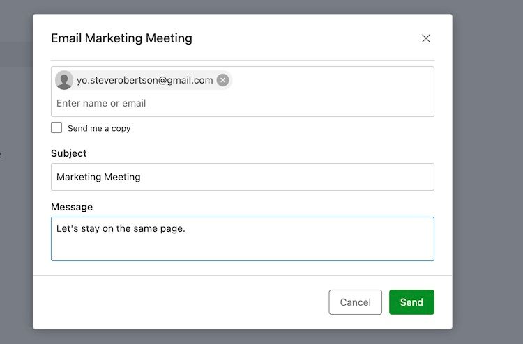 Screenshot illustrating how to share a meeting note by email in Evernote application