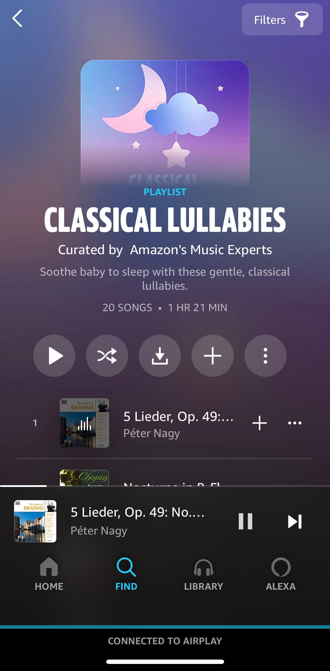Screenshot of Amazon Music showing Classical lullabies playlist