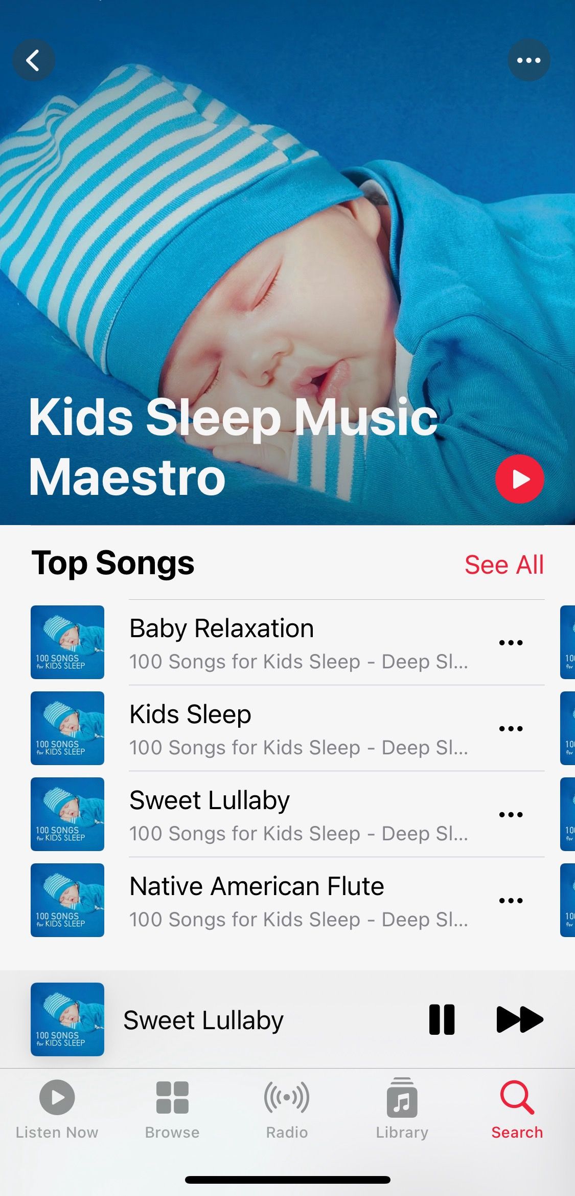 Screenshot of Apple Music showing Kids Sleep Music Maestro playlist
