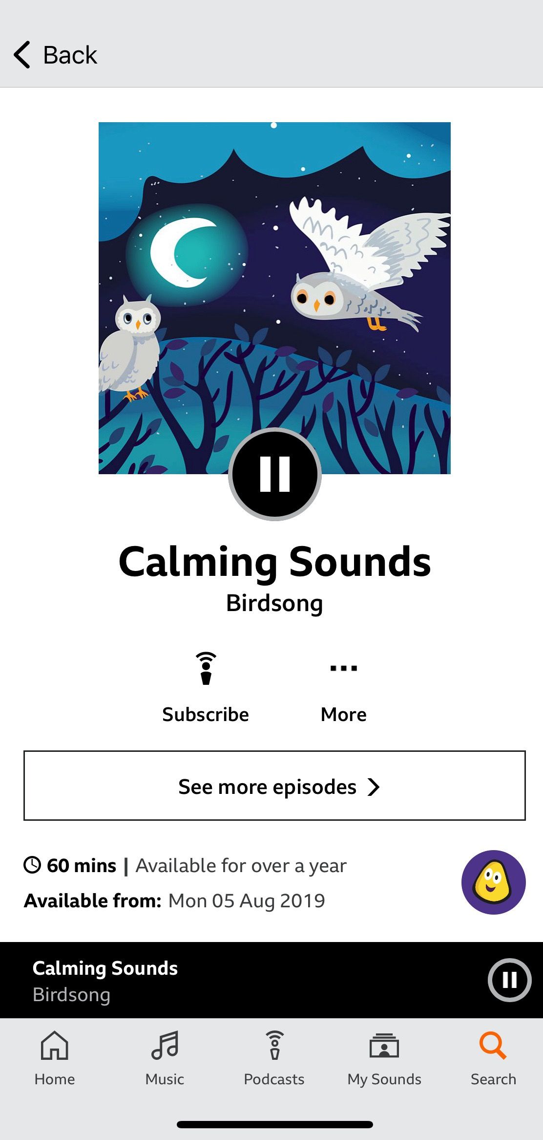 Screenshot of BBC Calming Sounds showing Birdsong play screen