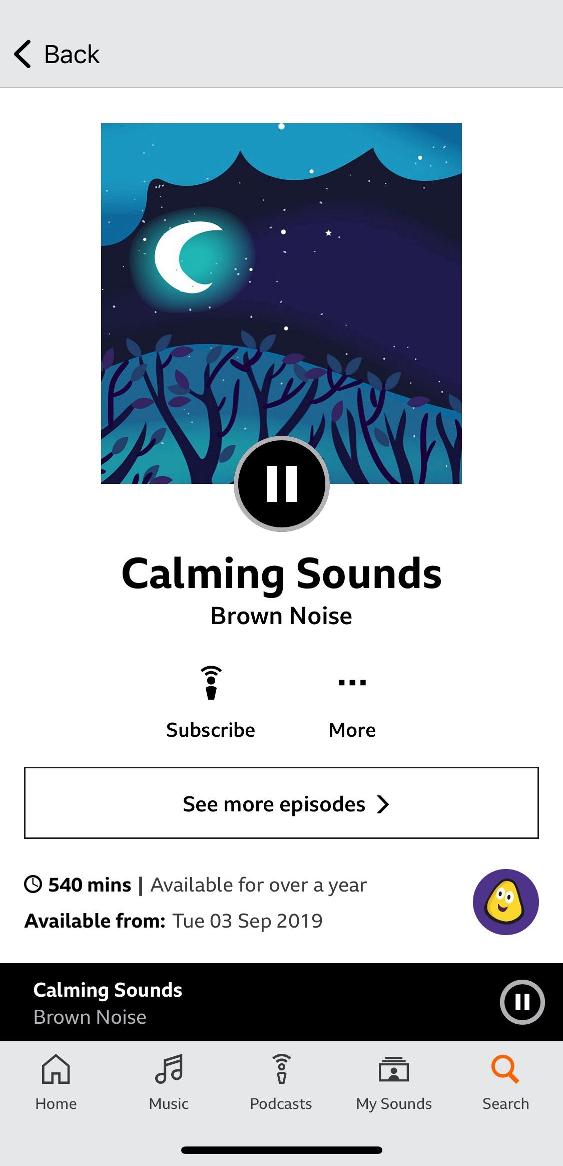 Screenshot of BBC Calming Sounds showing Brown Noise play screen