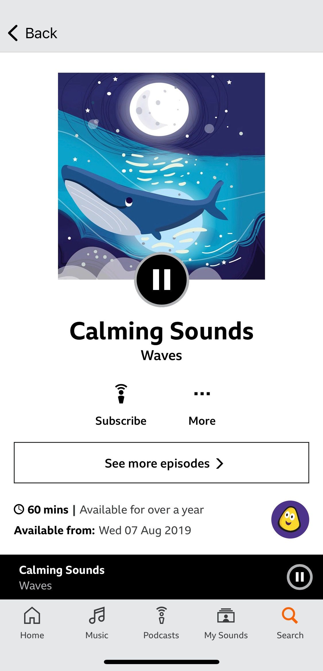 Screenshot of BBC Calming Sounds showing Waves play screen