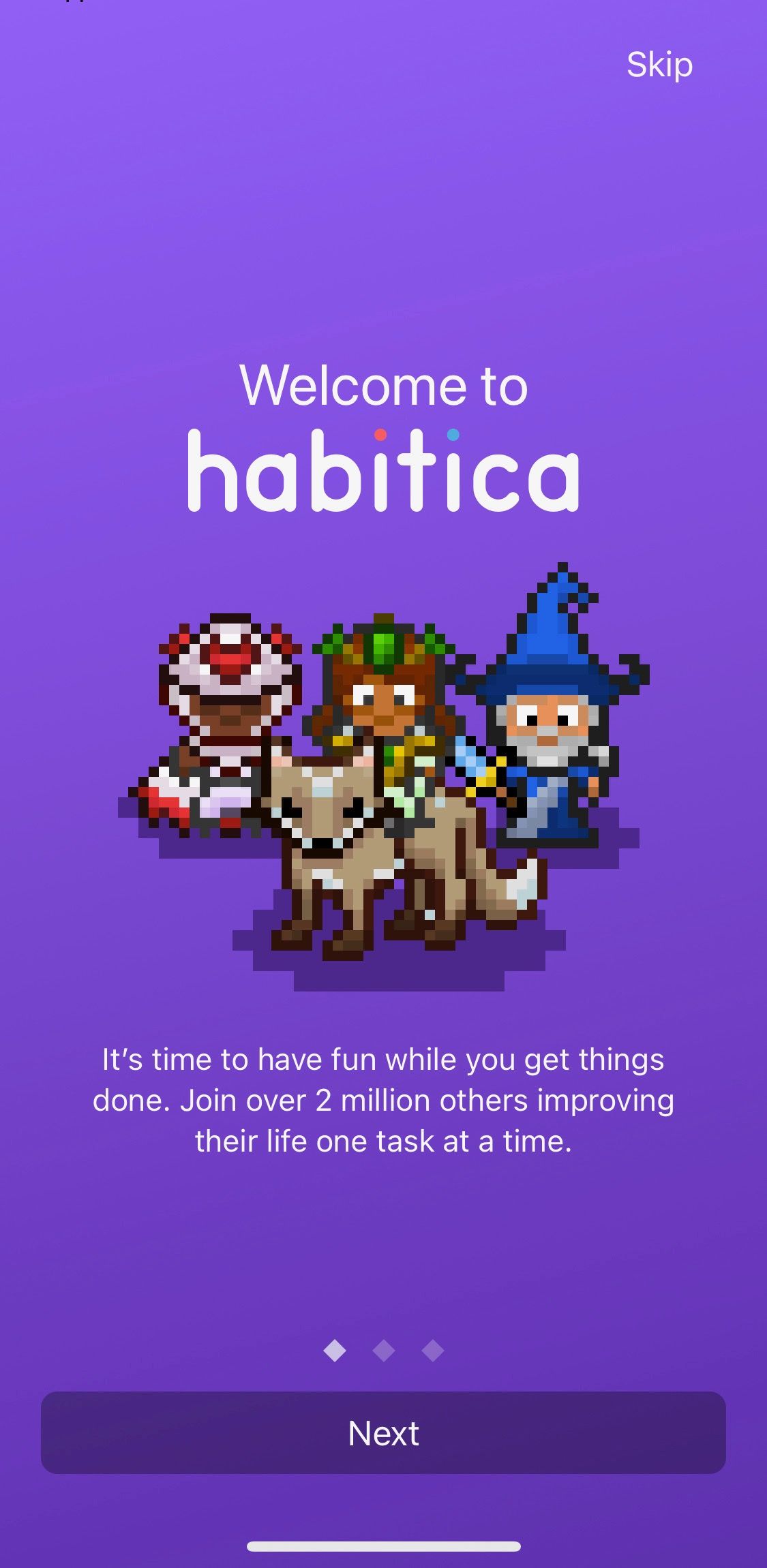 Screenshot of Habitica app showing introduction screen with RPG figures
