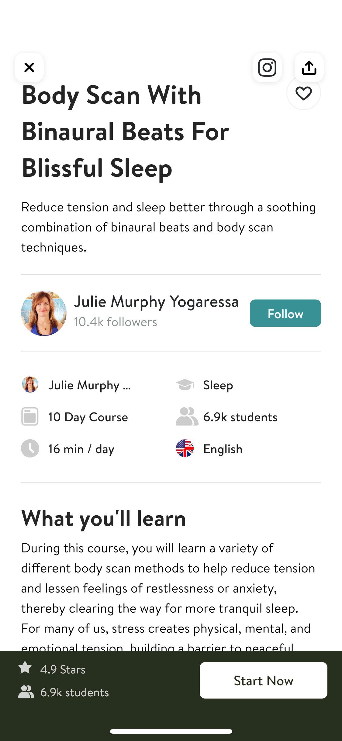 Screenshot of Insight Timer Blissful Sleep course introduction screen