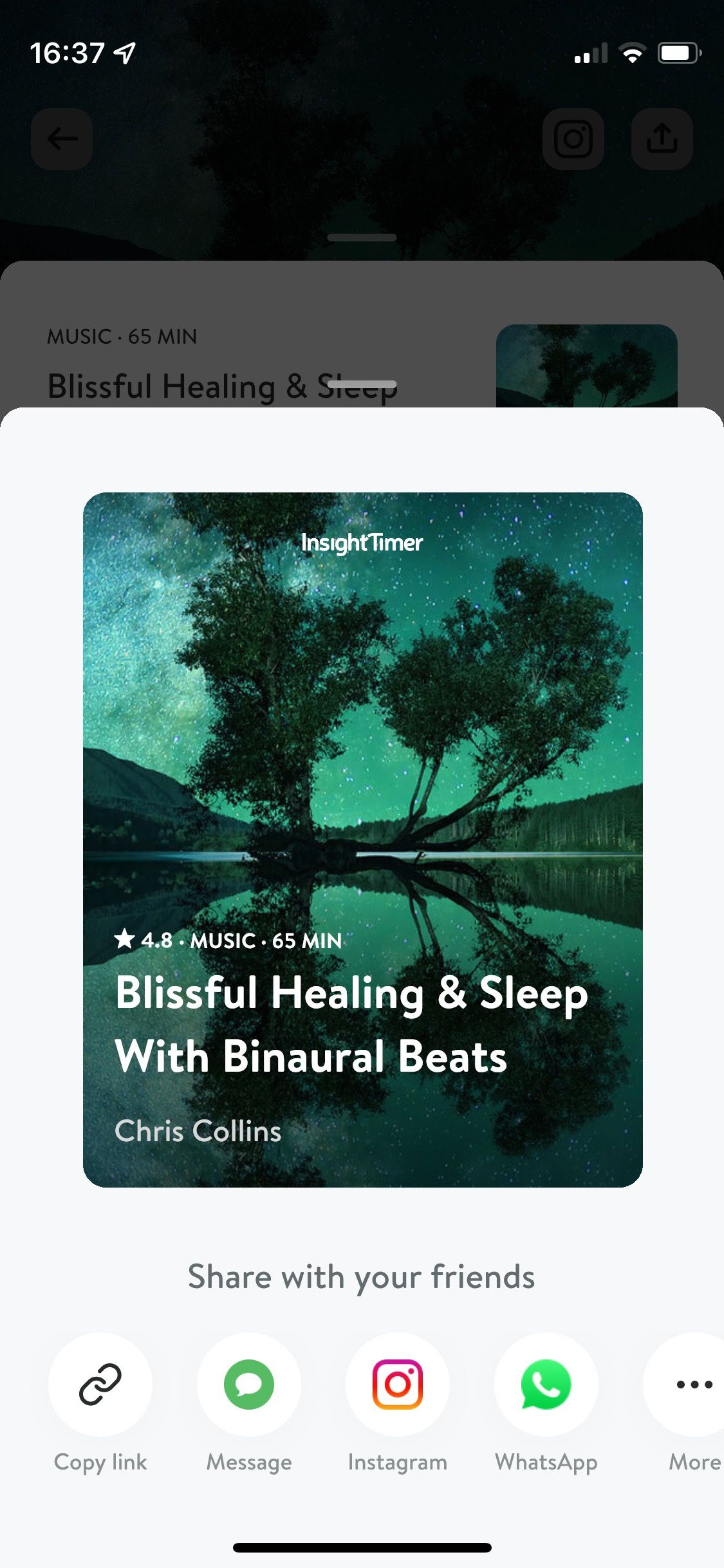 Screenshot of Insight Timer Blissful Sleep course social sharing screen