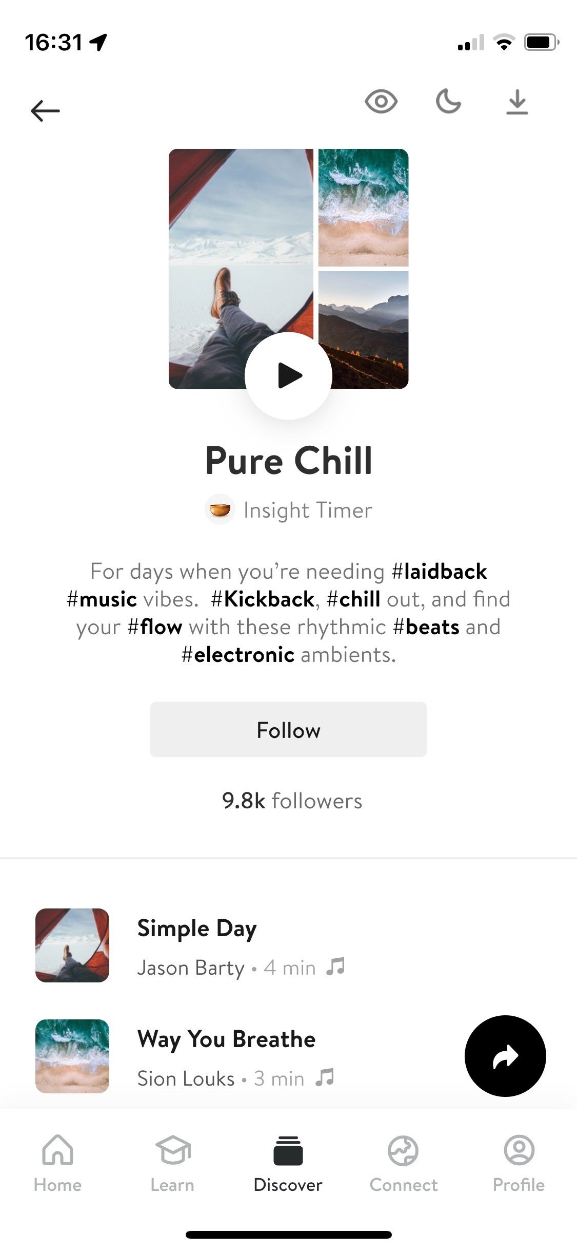 Screenshot of Insight Timer Pure Chill music playlist screen