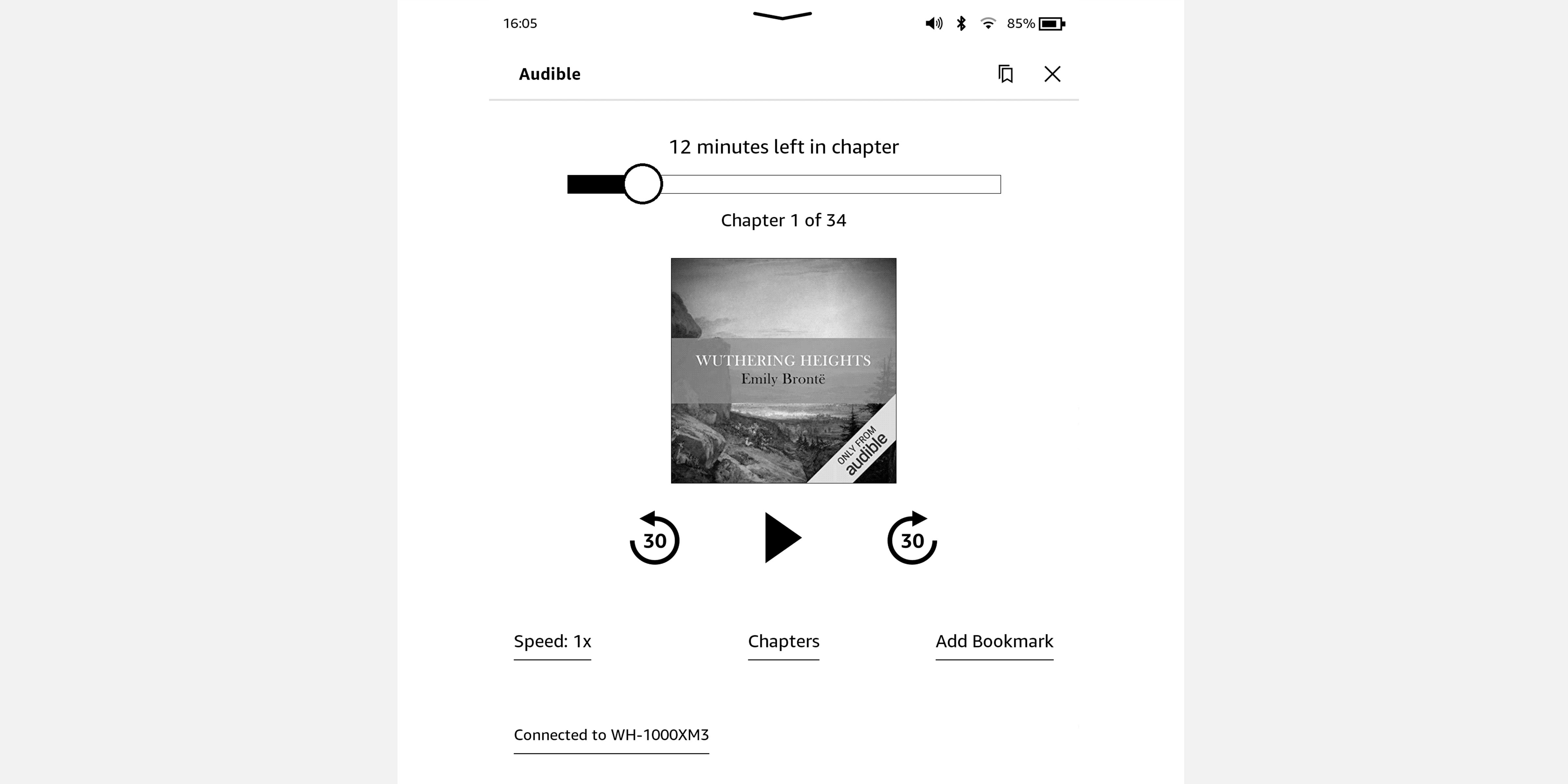 Screenshot of Kindle Oasis showing the Audible audiobook playback screen