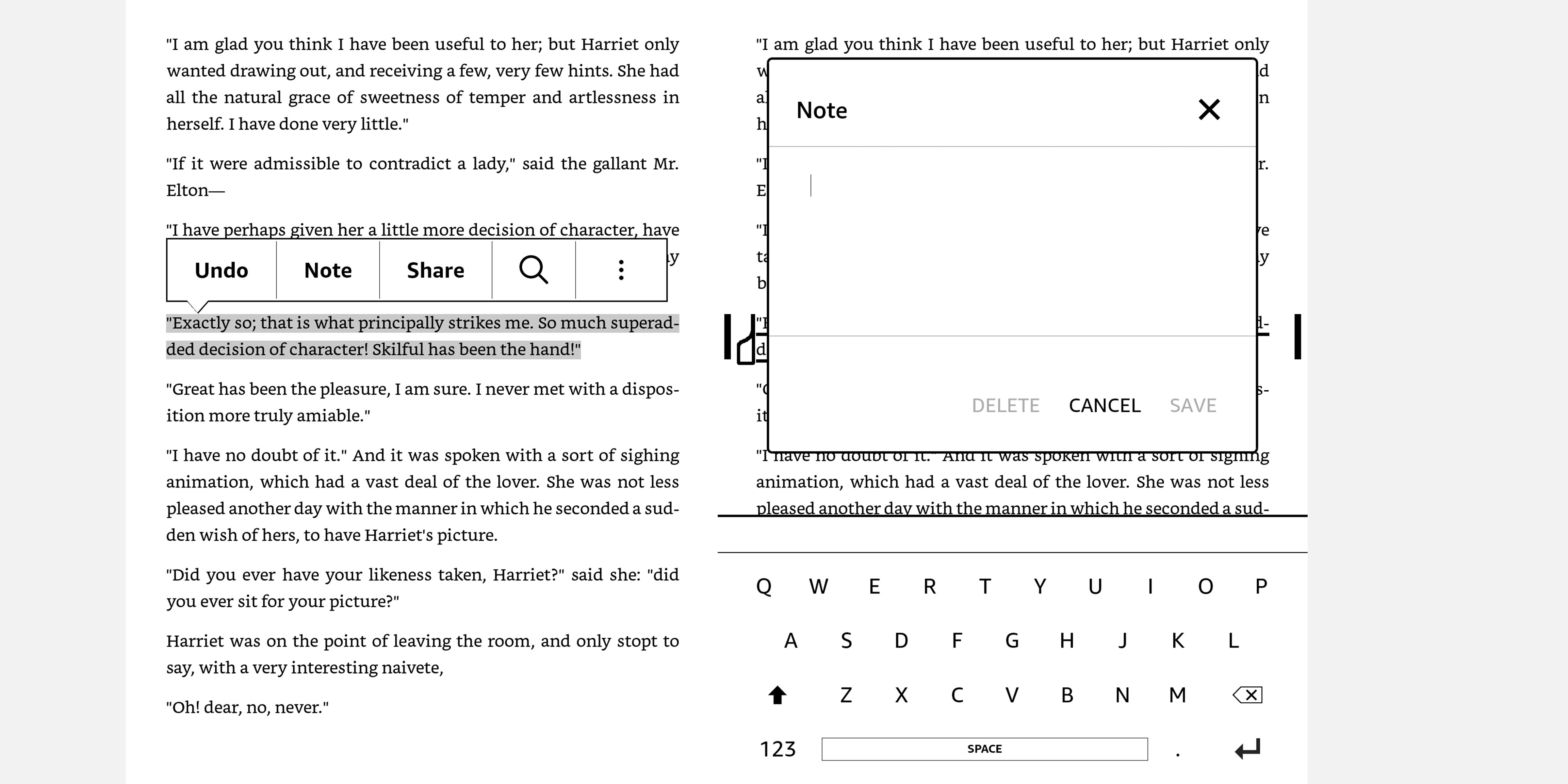 Screenshot of Kindle Oasis showing the Highlights and Notes features