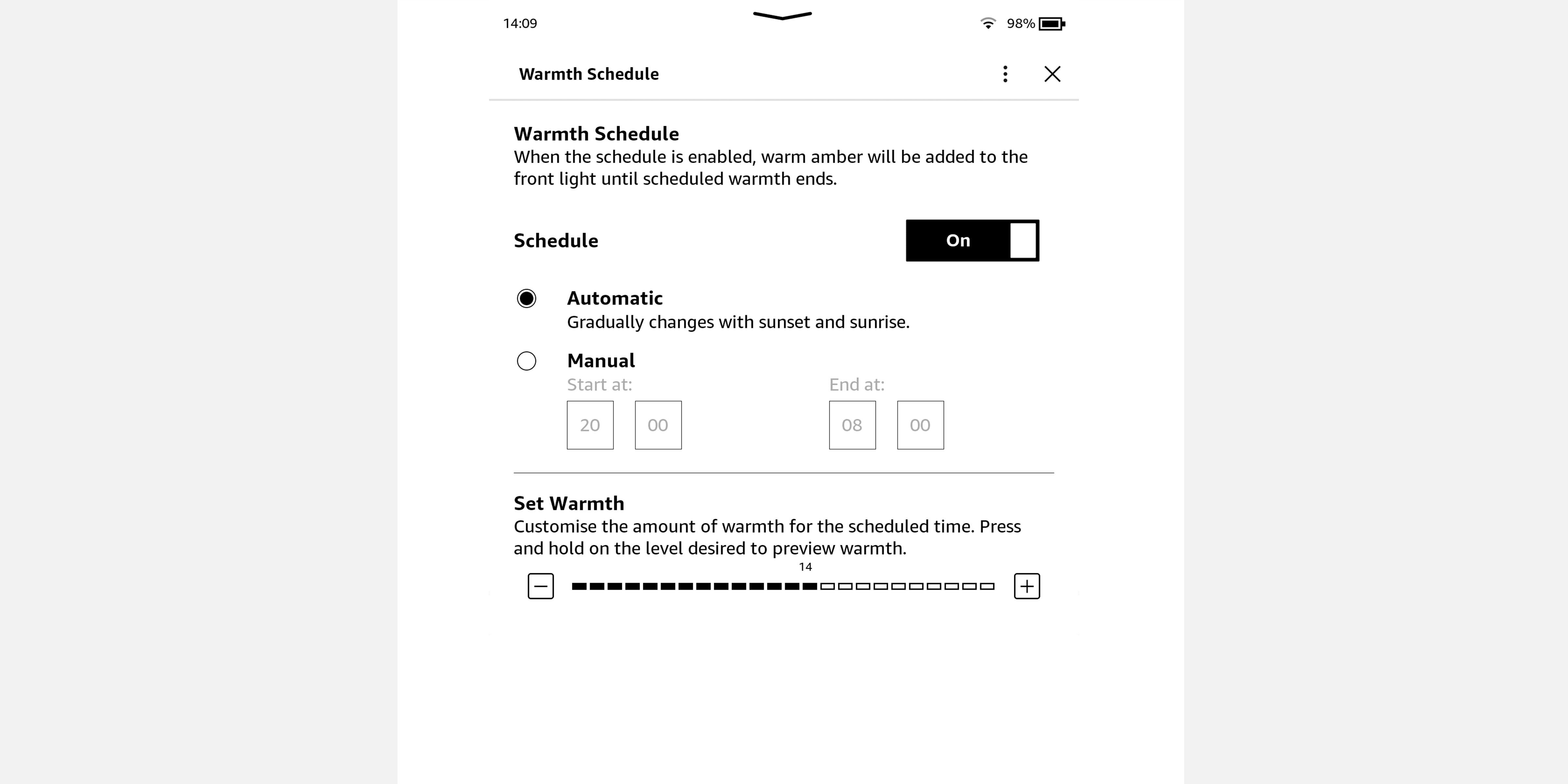 Screenshot of Kindle Oasis showing the Warmth Schedule settings screen