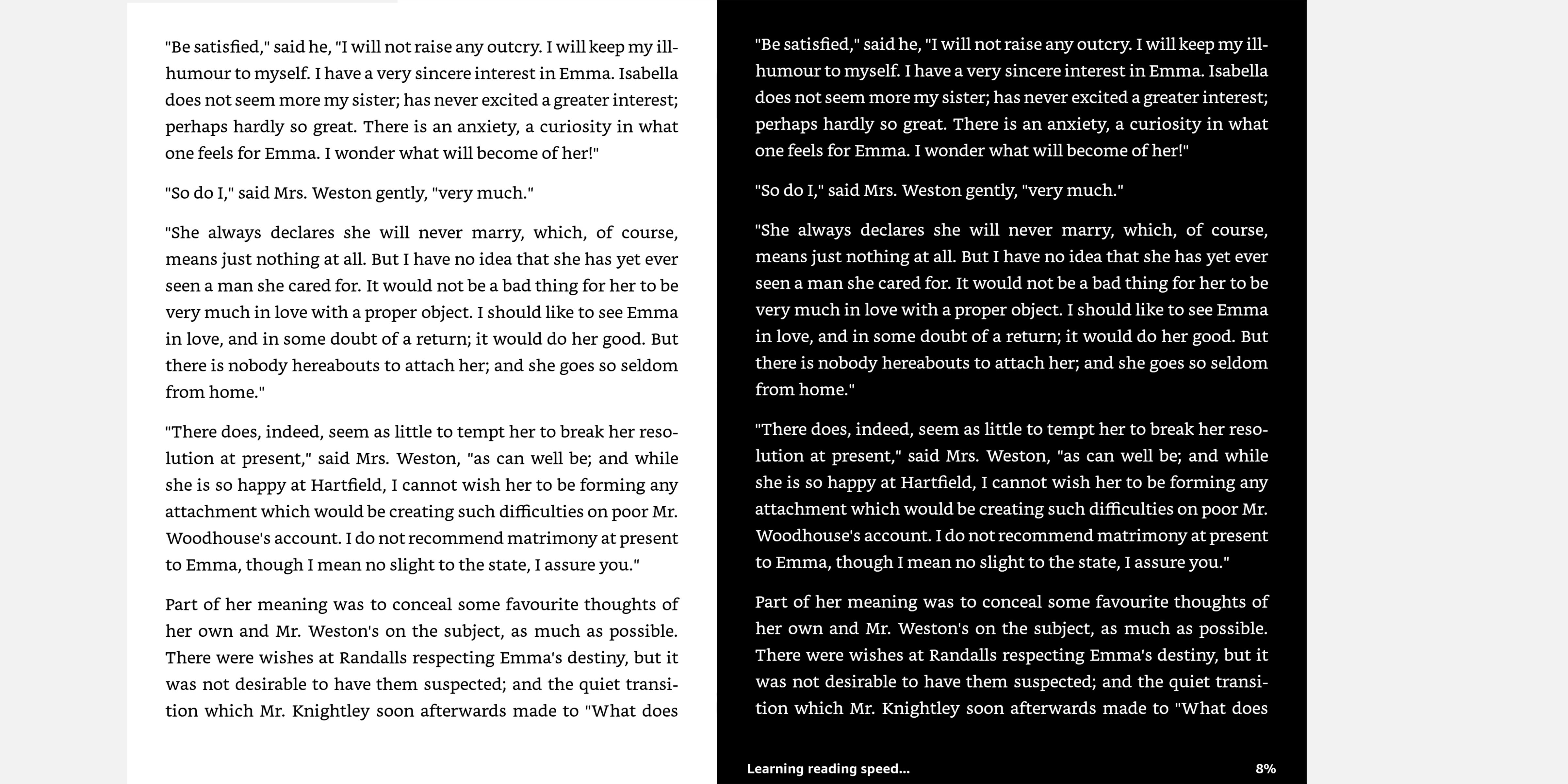 Screenshot of Kindle Oasis showing the same page of a book in Light Mode and Dark Mode