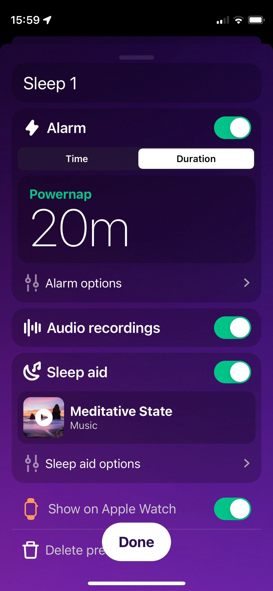 Screenshot of Pillow app showing Powernap screen
