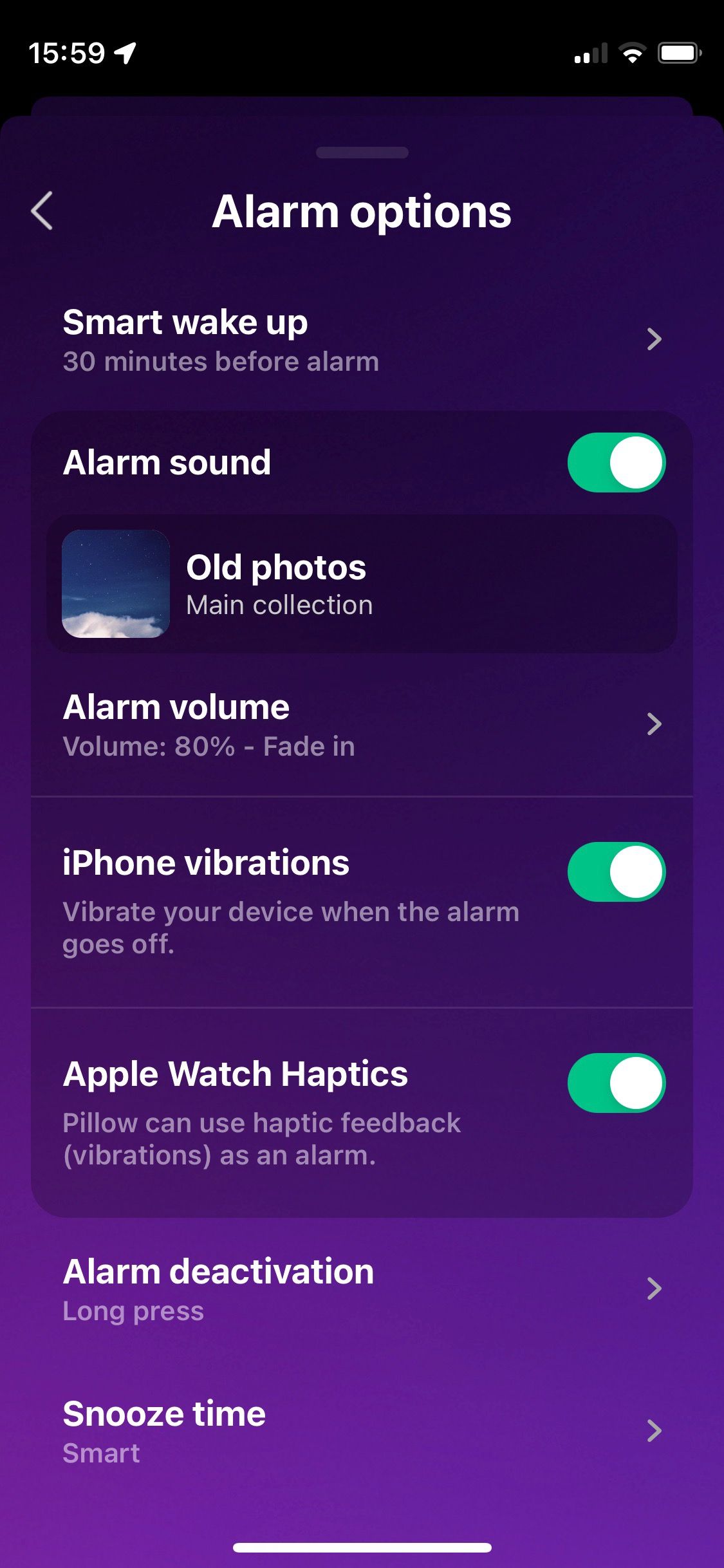 Screenshot of Pillow app showing alarm options