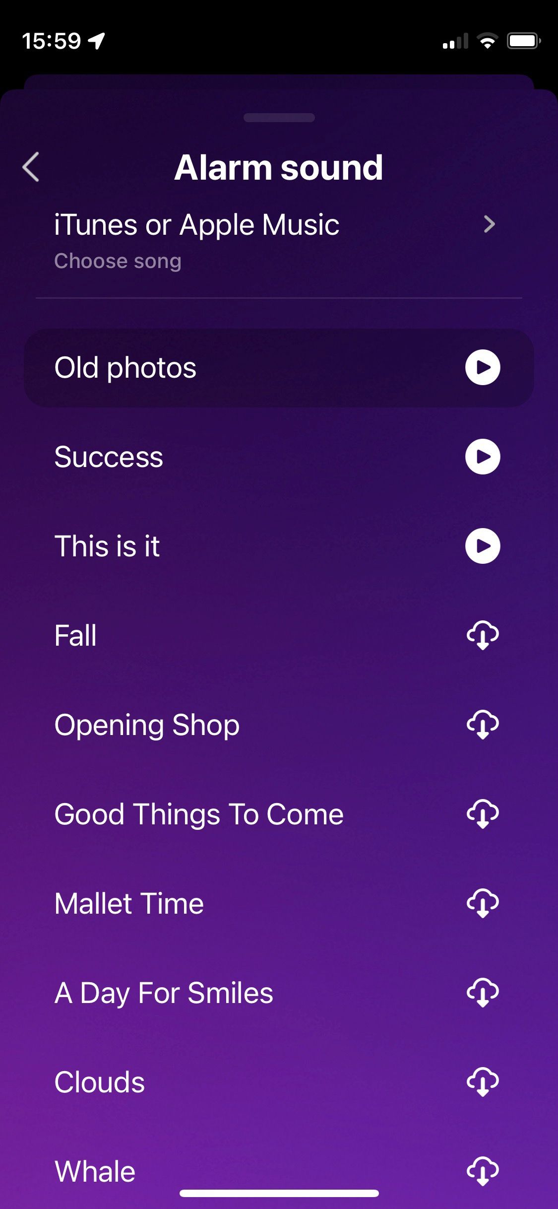 Screenshot of Pillow app showing alarm sounds