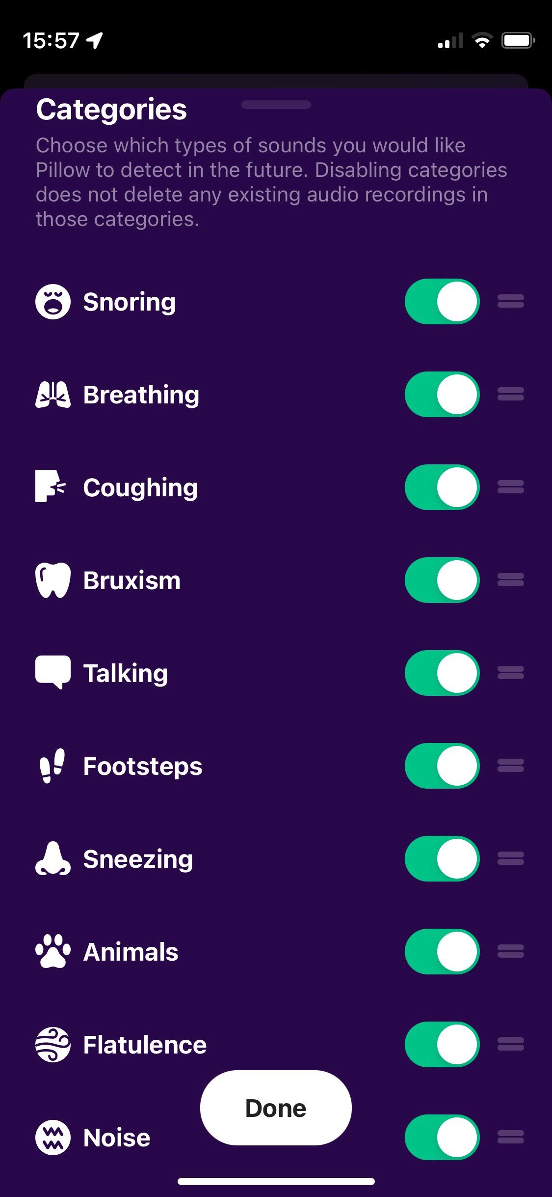 Screenshot of Pillow app showing environmental sound categories