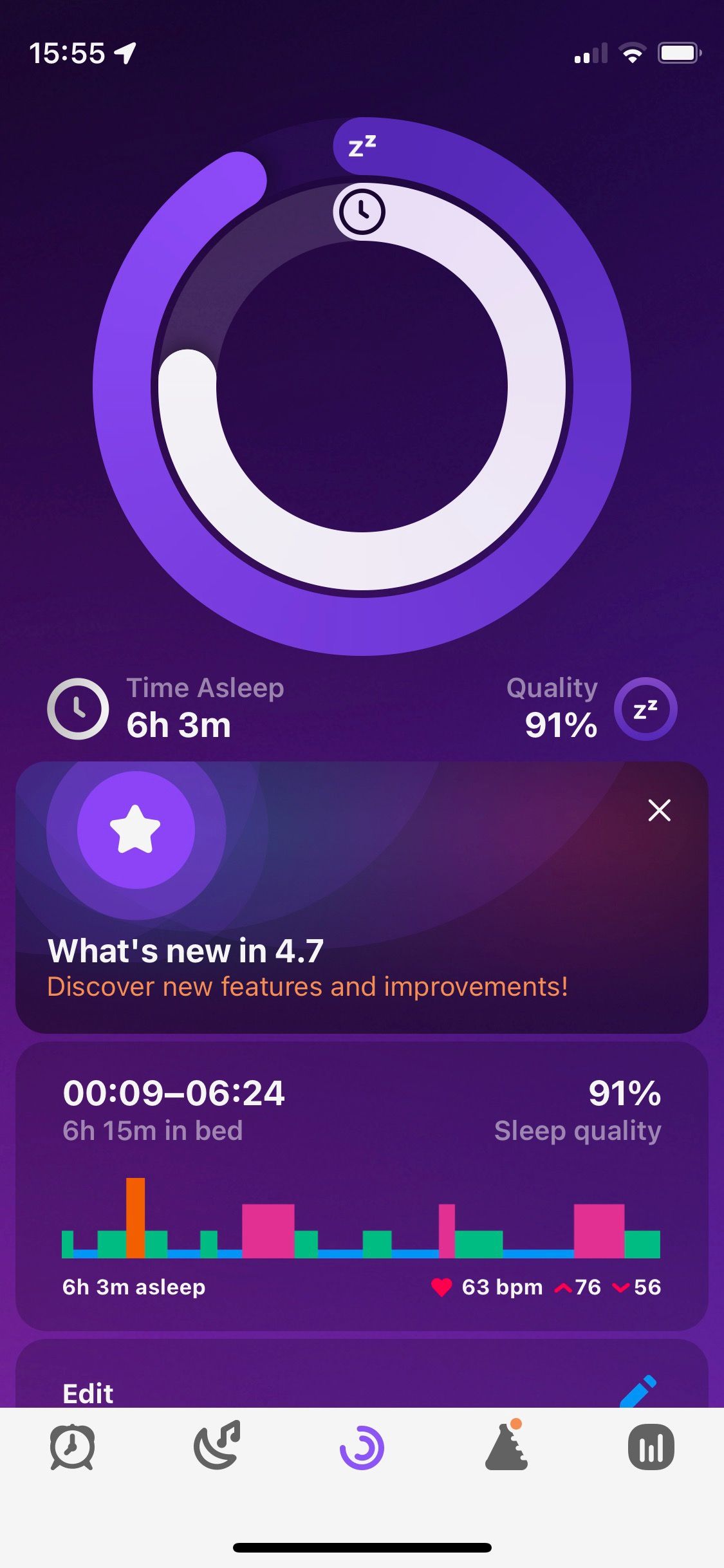 Screenshot of Pillow app showing main sleep screen