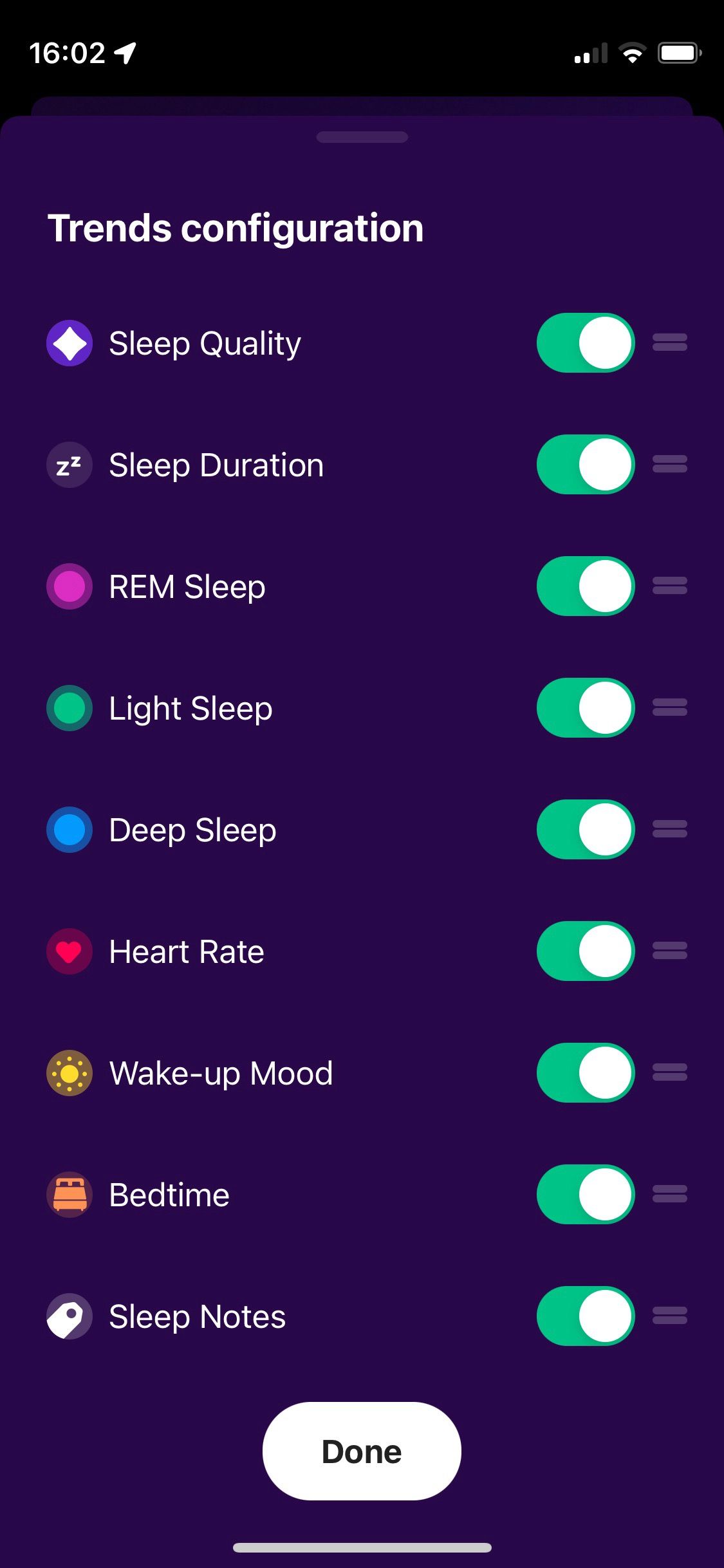 Screenshot of Pillow app showing sleep trends configuration
